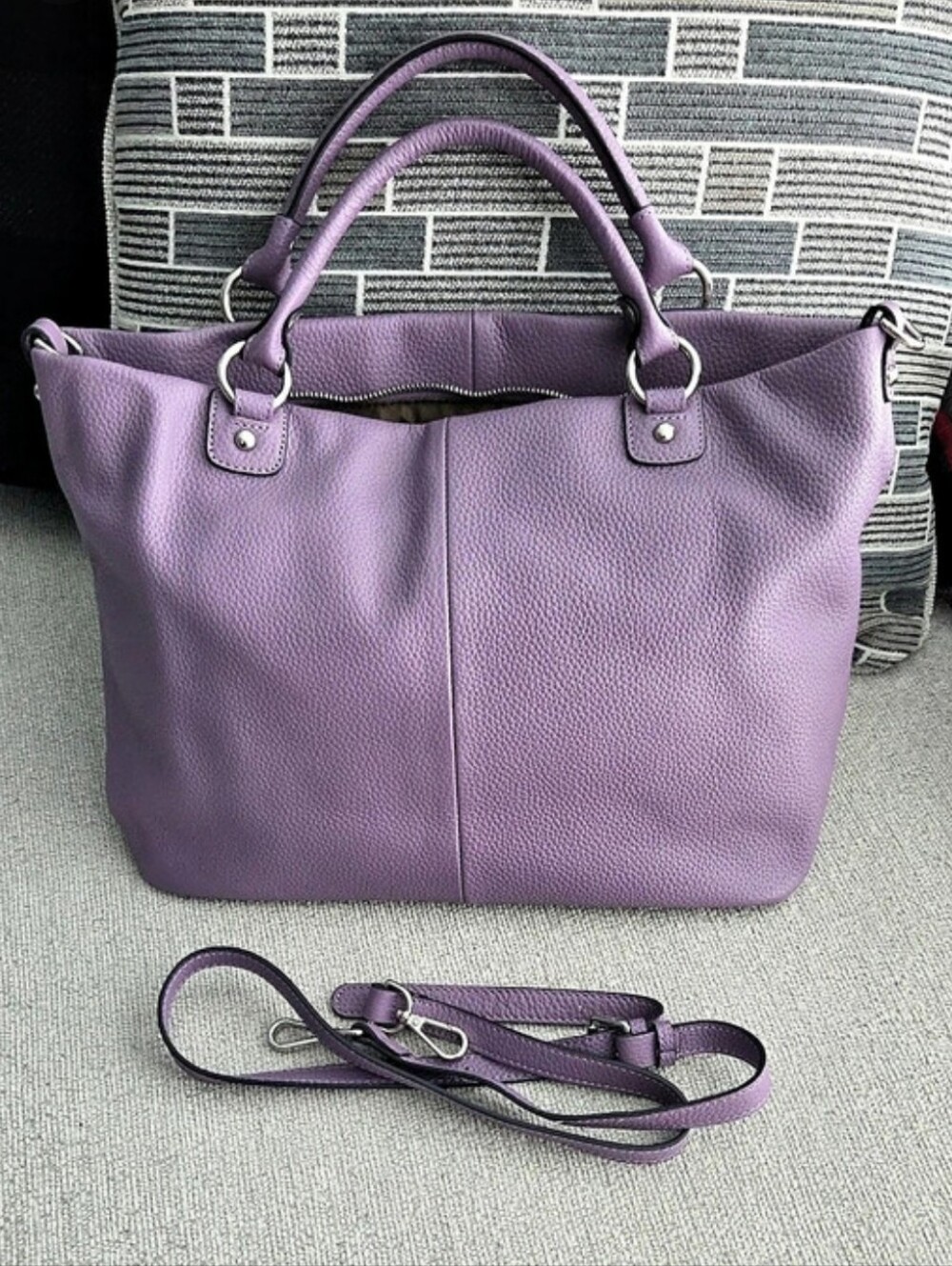 Kattee Cowhide Leather Purple Tote Bag With Strap